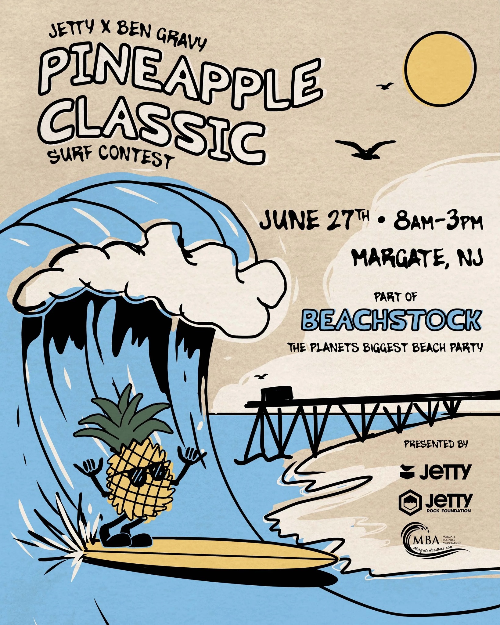 New this year at Beachstock 🏄🏻‍♂️🌊 On Saturday, June 27th, Margate’s shoreline gets a whole new kind of energy with the inaugural Jetty x Ben Gravy Pineapple Classic - a team-style surf contest where experience meets youth and every heat brings something unexpected.

Not competing in the bracket? The Foamie Free For All opens the water to anyone who wants in on the fun — just grab a foam board and paddle out.

Sign up now at margatehasmore.com/event/margate-beachstock 📲

@jettyrockfoundation @thejettylife @bengravyy