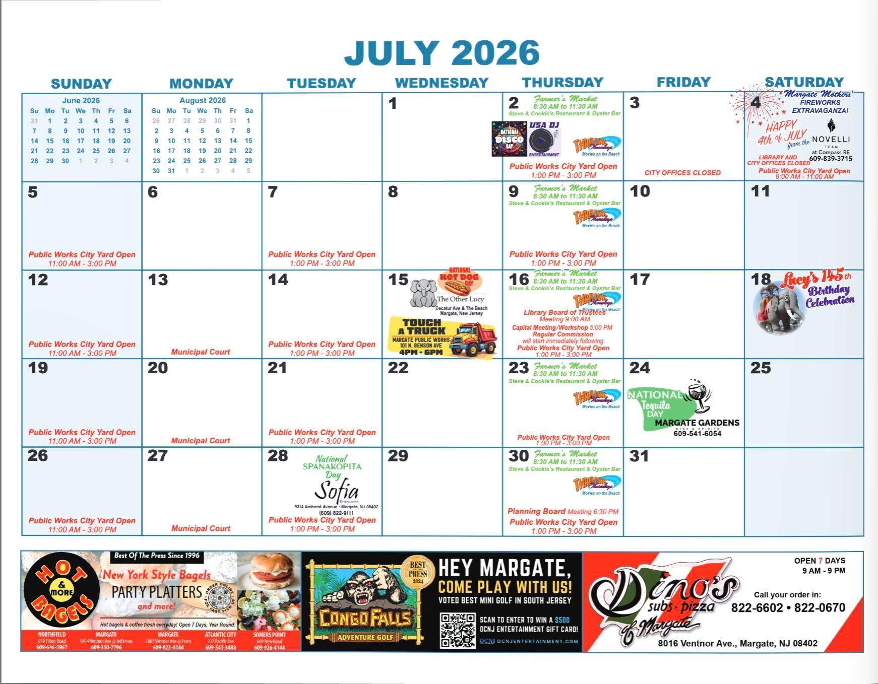 & just like that, we're already heading into July!☀️ Check out this months events in Margate! Shout out to our calendar sponsors Hot Bagels & More , Congo Falls Adventure Golf & Dino's Subs and Pizza of Margate !