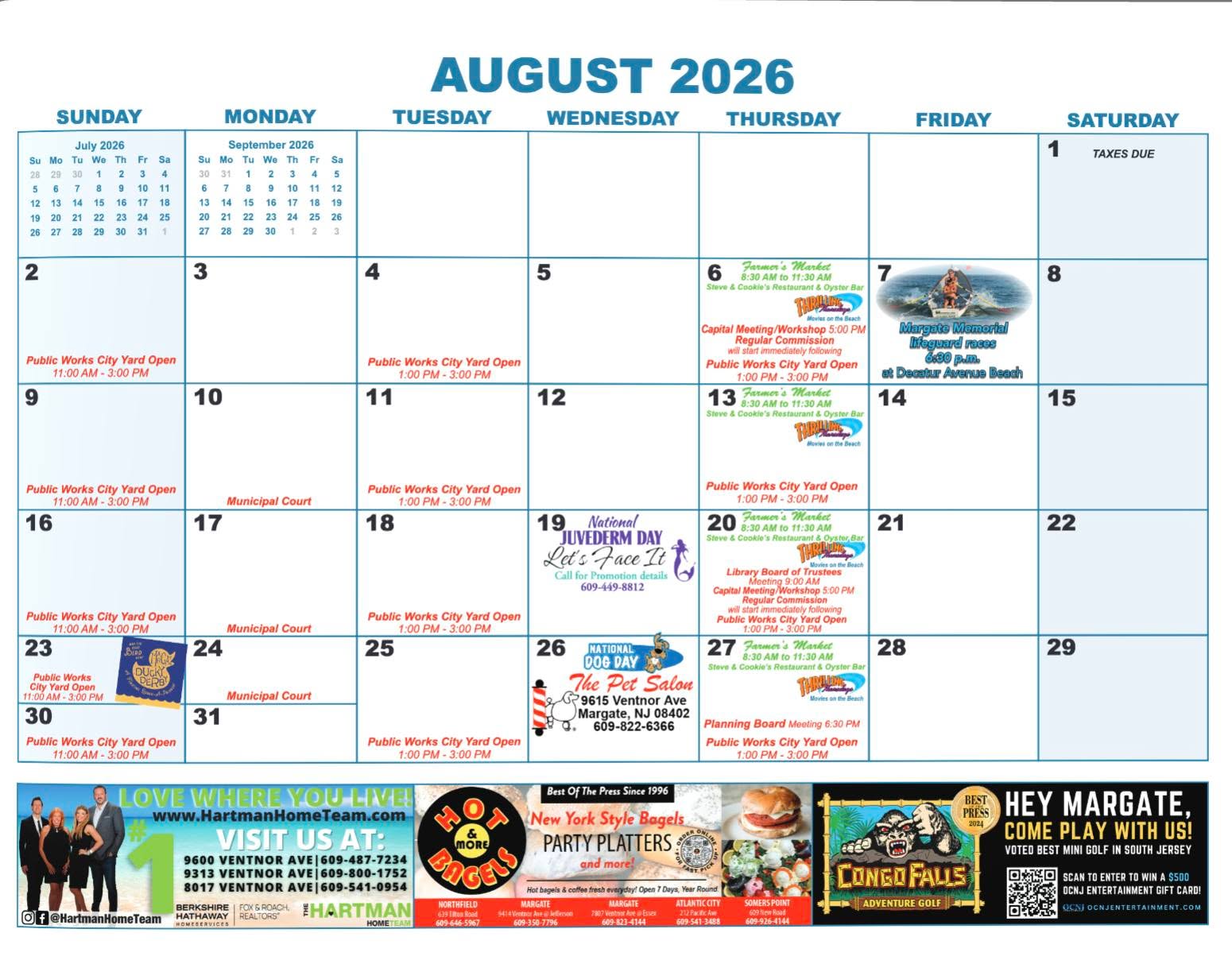 Cruising right into August ☀️ Check out everything we have going on this month here in Margate! 

Shout out to this months calendar sponsors @thehartmanhometeam, @hot_bagels , and @congofallsgolf