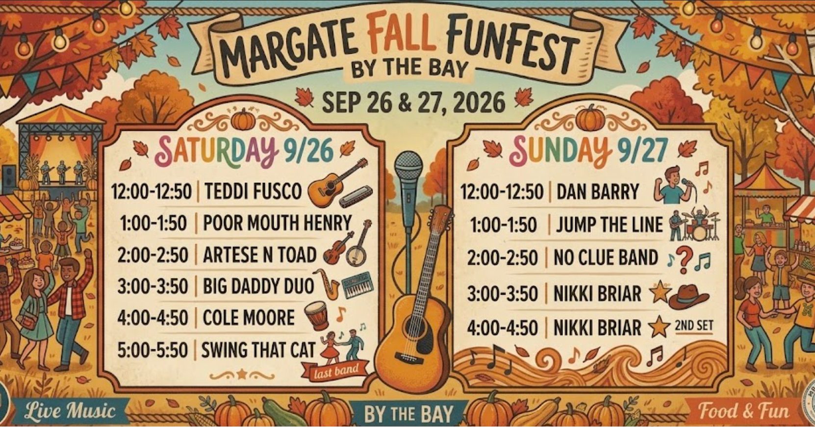 The soundtrack to fall 🎶 Catch live music all weekend long at Fall Funfest by the Bay, with 10 bands taking over the Main Stage, from rock and blues to country and more.

📅 September 26 & 27
⏰ Saturday 11 AM–6 PM | Sunday 11 AM–5 PM
📍 Amherst Avenue & the Bayfront Promenade, Margate, NJ
🎟️ FREE admission