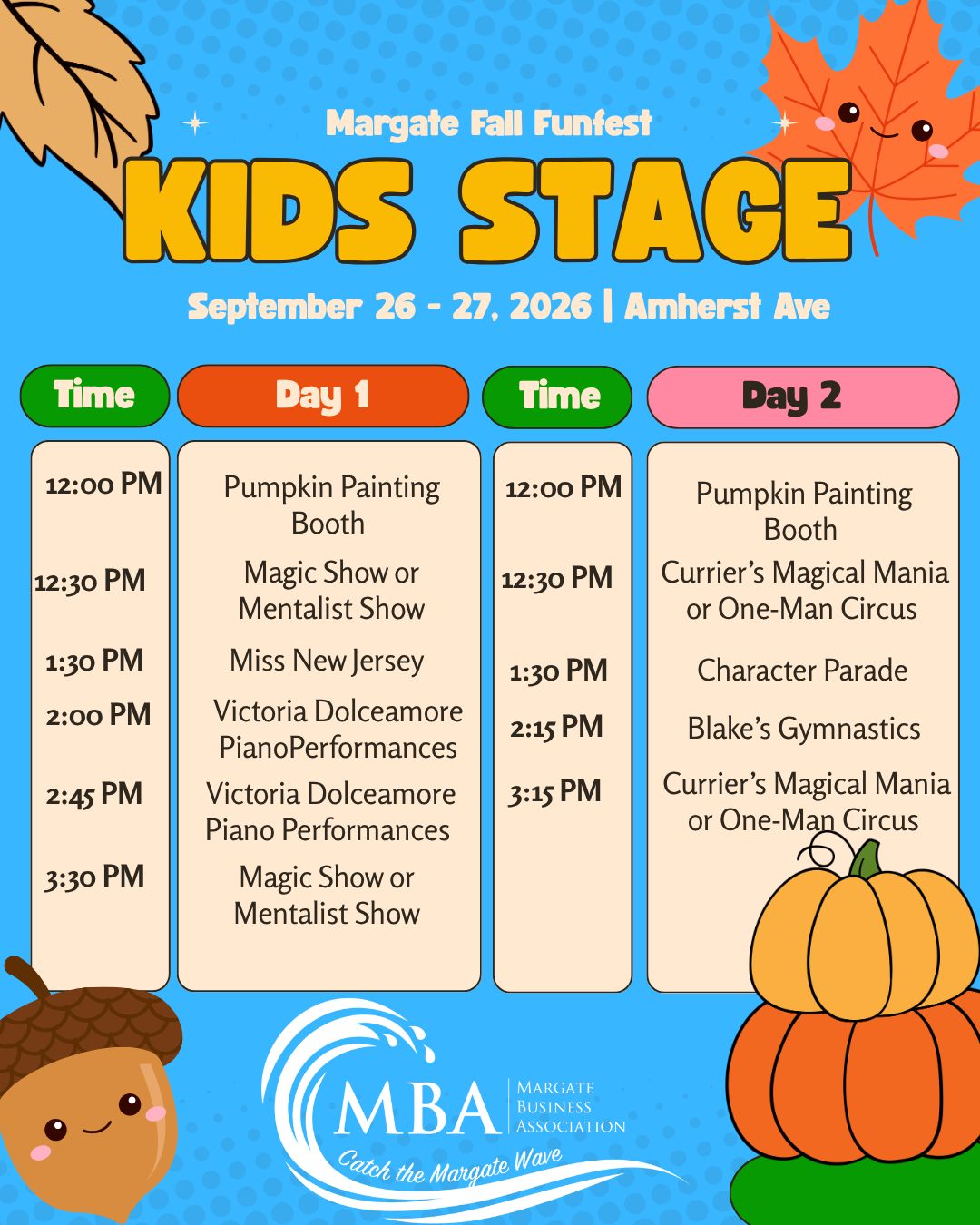 Bring the kids. We’ve got a whole weekend of fun waiting for them 🍂 From the Kids’ Stage and costumed characters to pumpkin painting, gymnastics, magic and Wetlands Wonderland, there’s plenty to keep the little ones entertained at Fall Funfest.

📅 September 26 & 27
⏰ Saturday 11 AM–6 PM | Sunday 11 AM–5 PM
📍 Amherst Avenue & the Bayfront Promenade, Margate, NJ
🎟️ FREE admission